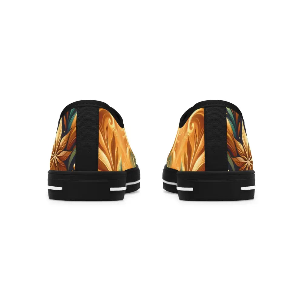 Pair of floral-patterned Women’s Low Top Sneakers by PixiOnyx in vibrant Nebula Bloom Cascade design