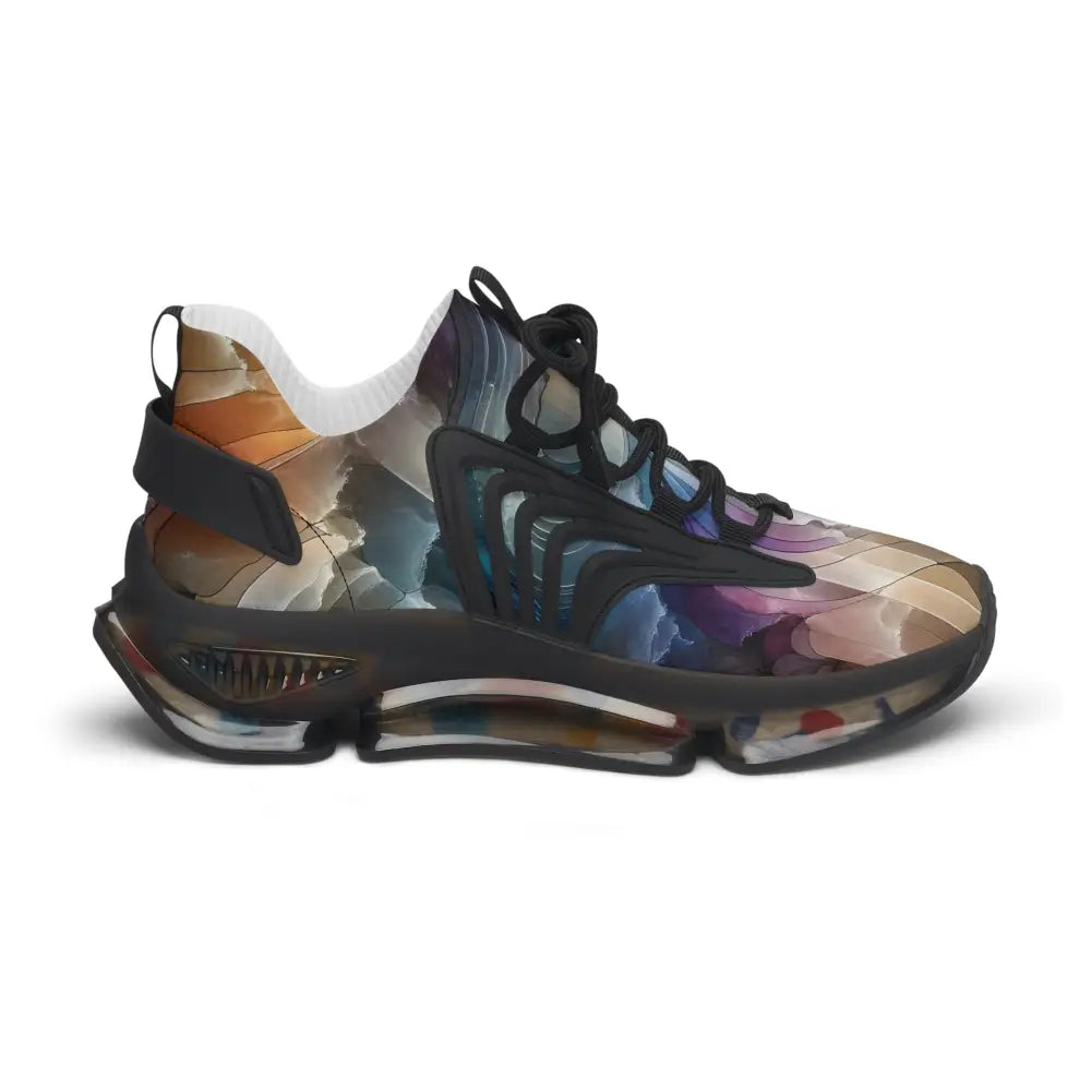 Colorful athletic shoe with black accents from PixiOnyx Artwear Women’s Mesh Sneakers Celestial Layer Flux