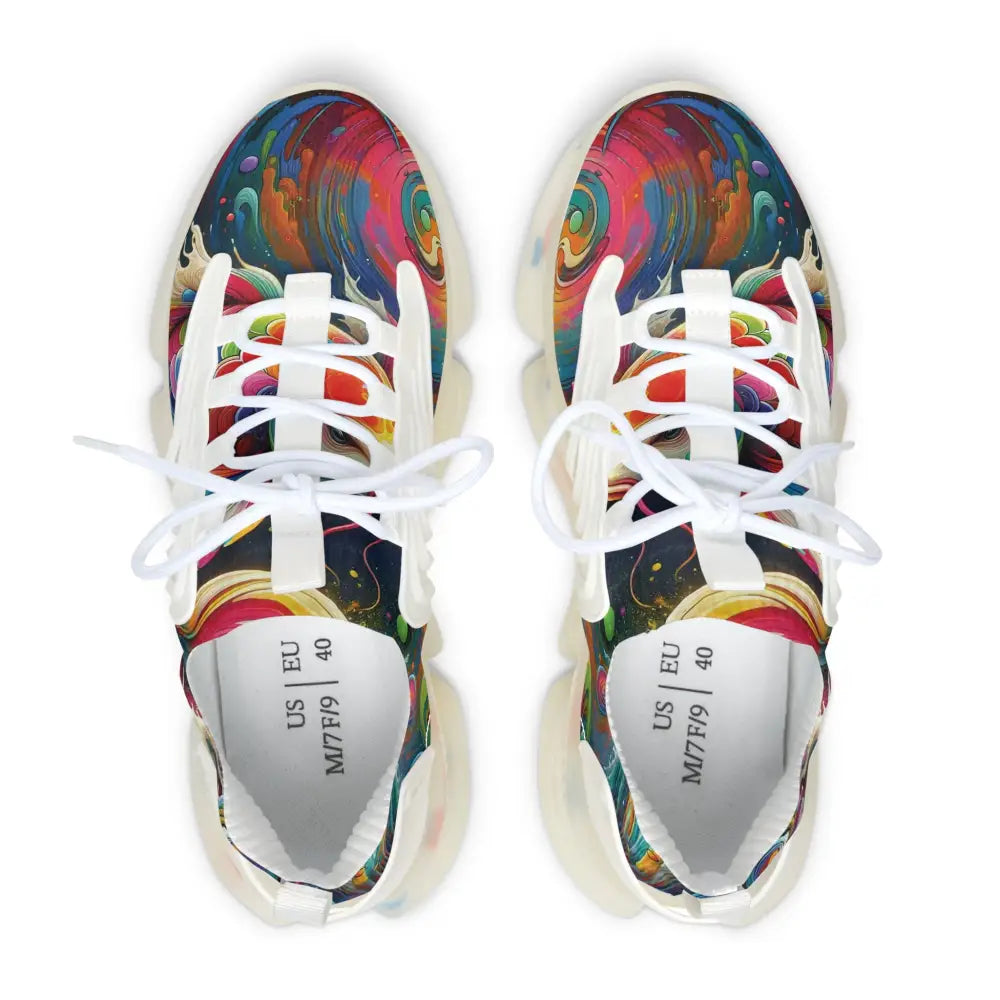 Colorful patterned women’s mesh sneakers from PixiOnyx Psychedelic Footwear Rainbow Koi Spiral