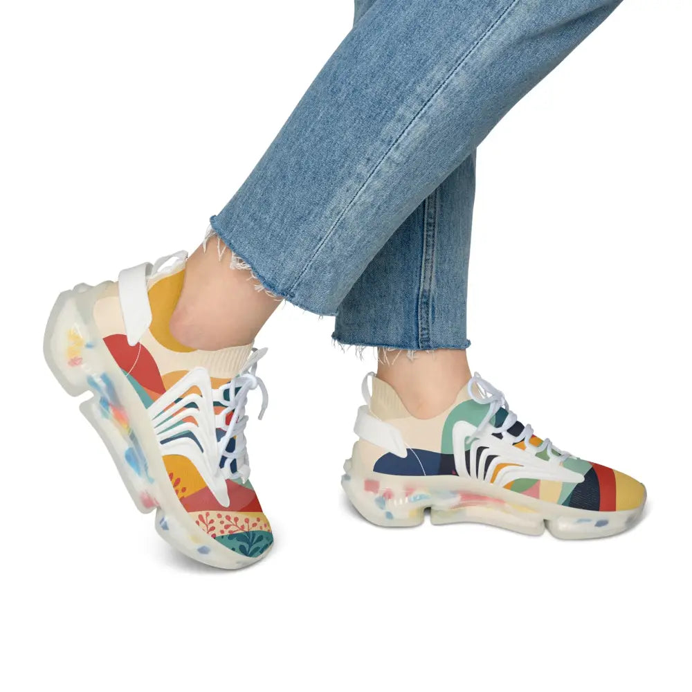 Colorful patterned Mesh Sneakers for women in Sunset Grove by PixiOnyx Chromatic Footstep Mirage