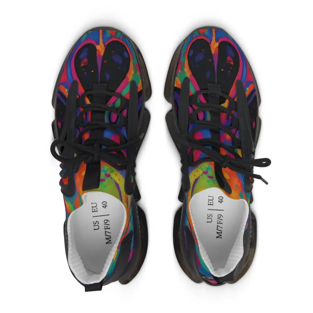 Colorful patterned Women’s Mesh Sneakers with Voidspiral Mirage design by PixiOnyx Psywave Footwear