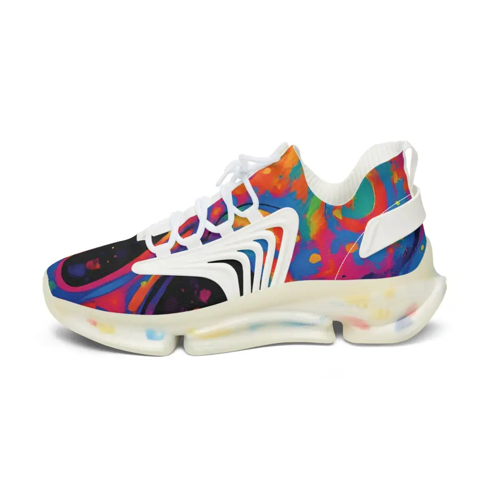 Colorful patterned women’s mesh sneakers from PixiOnyx Psywave Footwear titled Voidspiral Mirage