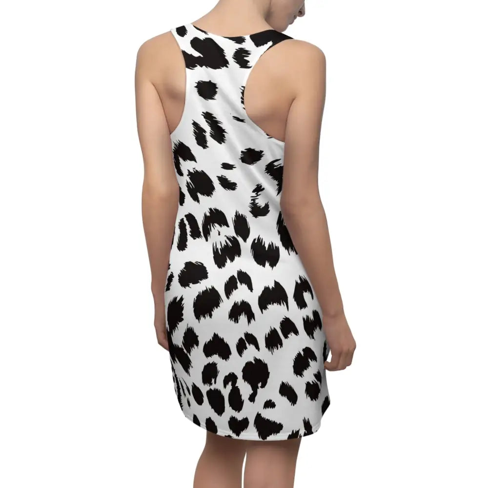 White dress with black animal print from Women’s Racerback Dress Inkscatter PixiOnyx