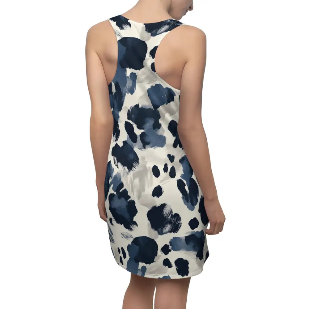 Women’s Racerback Dress with Navy Blue and White Abstract Bloom Pattern