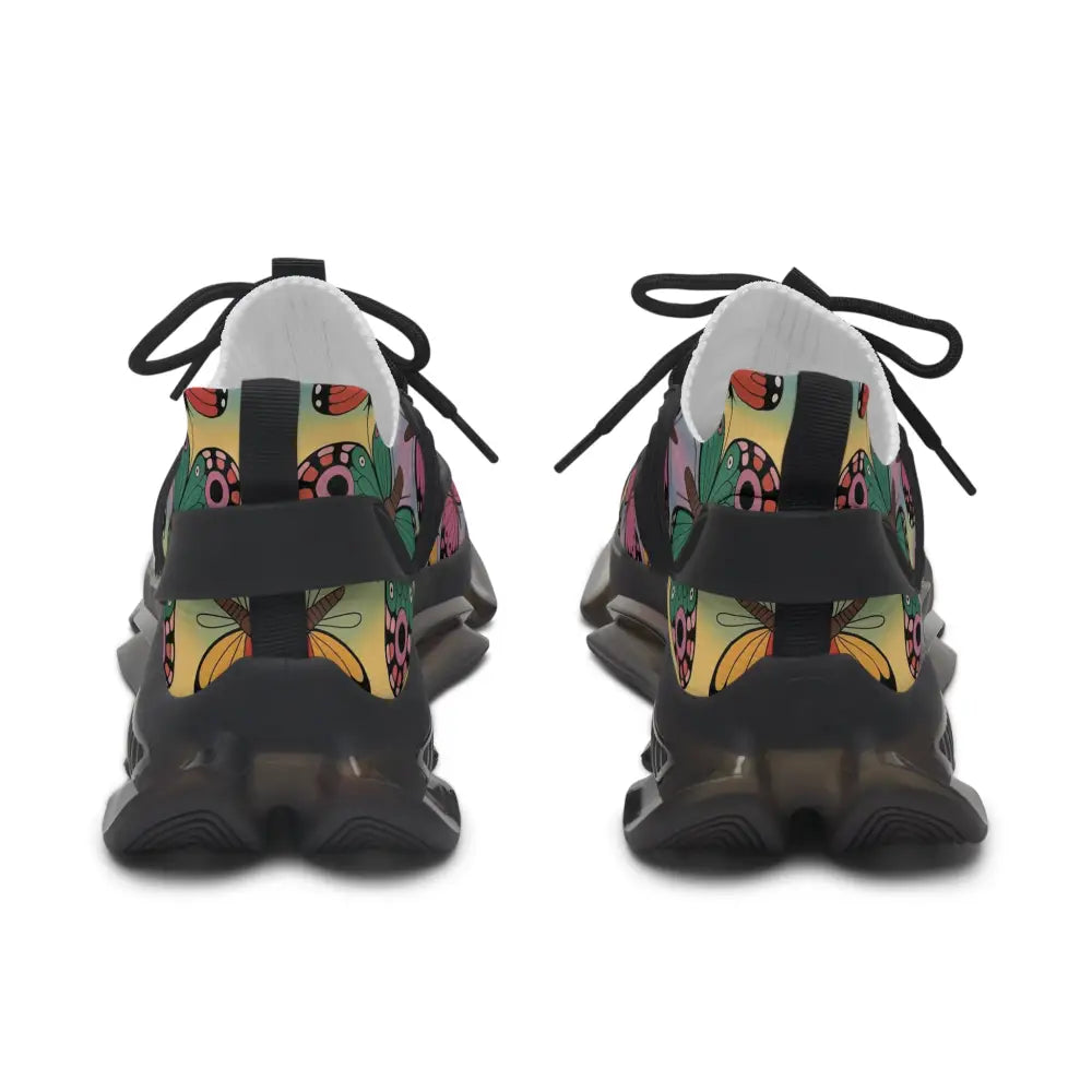 Black and colorful patterned kaleidoscope flight sneakers with thick segmented soles