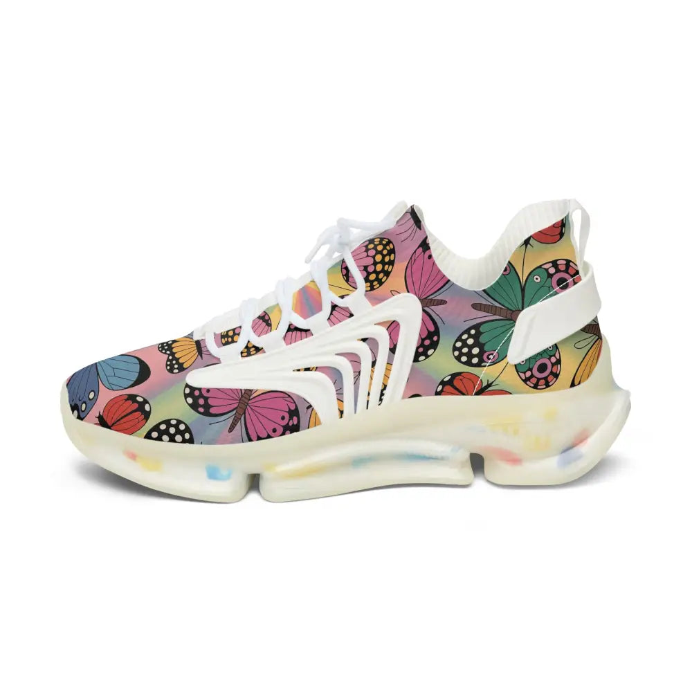 White athletic shoe with colorful butterfly pattern from Kaleidoscope Flight Sneakers by PixiOnyx Vibrant Athletic