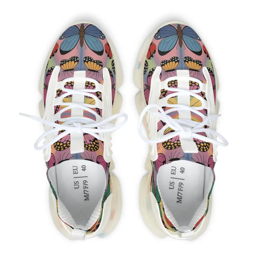 Women’s kaleidoscope flight sneakers with colorful butterfly and floral pattern, translucent soles