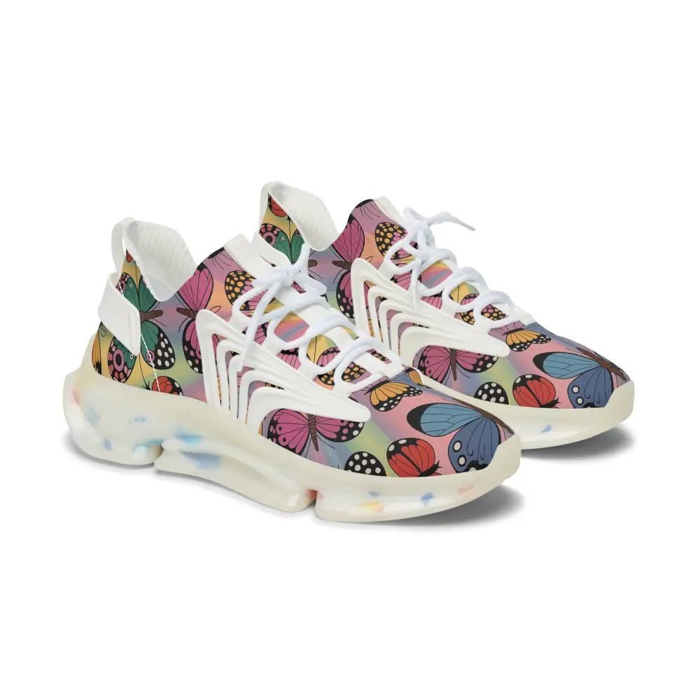 White kaleidoscope flight sneakers with colorful butterfly and ladybug pattern by PixiOnyx