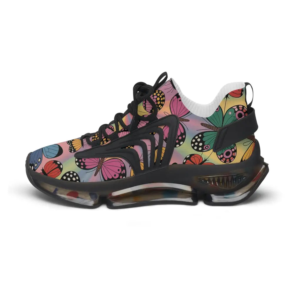 Black and colorful butterfly-patterned Kaleidoscope Flight sneakers with clear sole for women