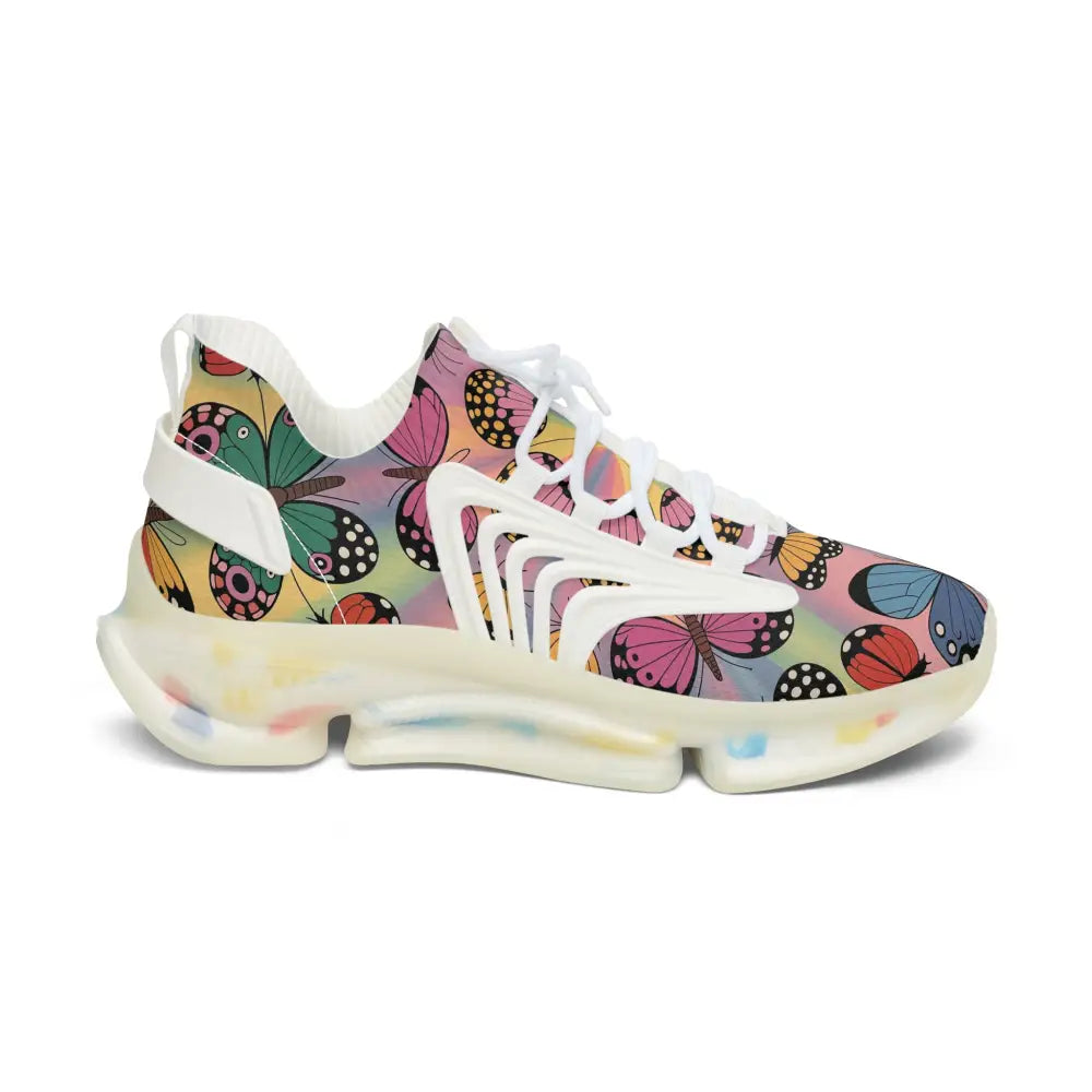 White kaleidoscope flight sneakers with colorful butterfly pattern and multi-colored sole