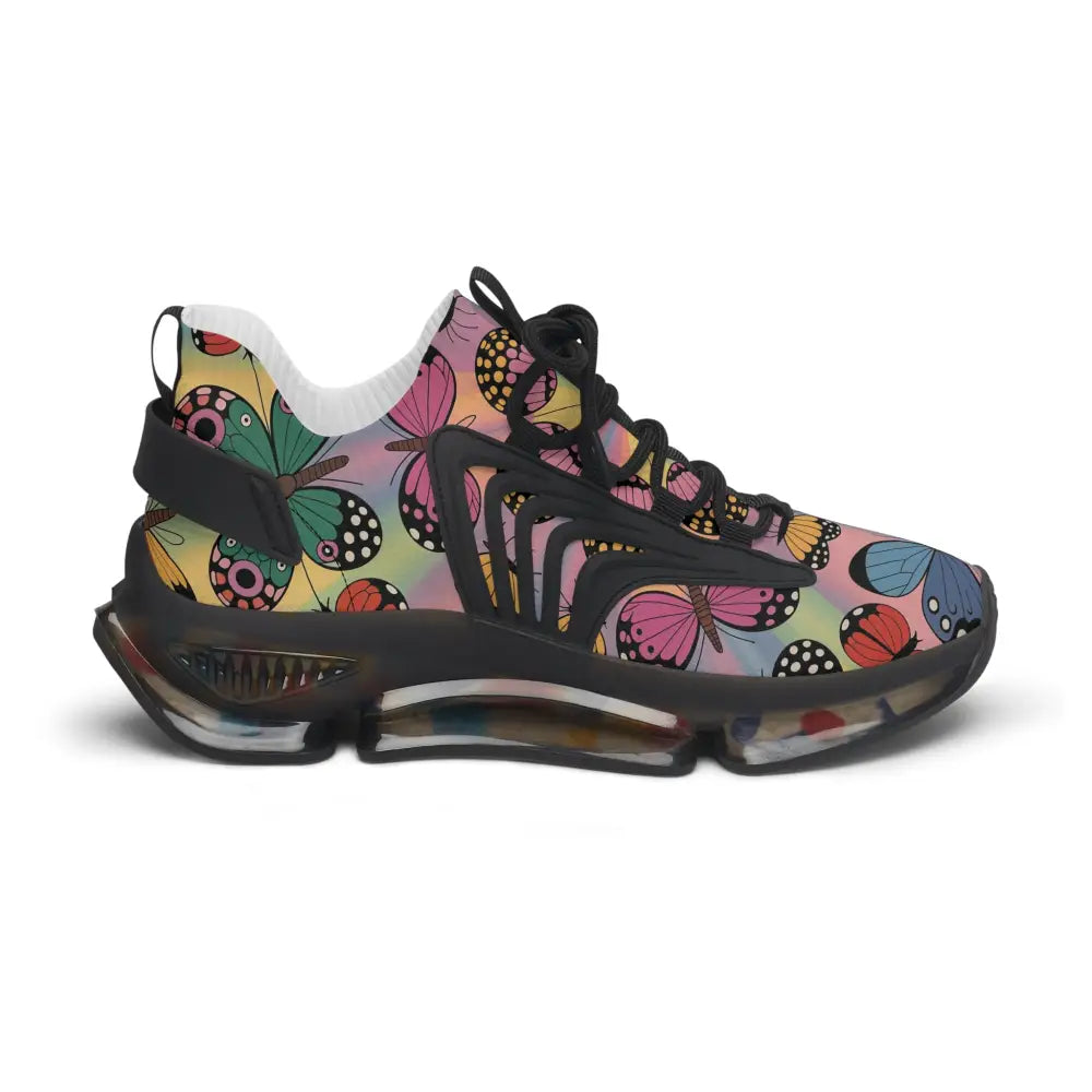 Black kaleidoscope flight sneakers with colorful butterfly and polka-dot pattern