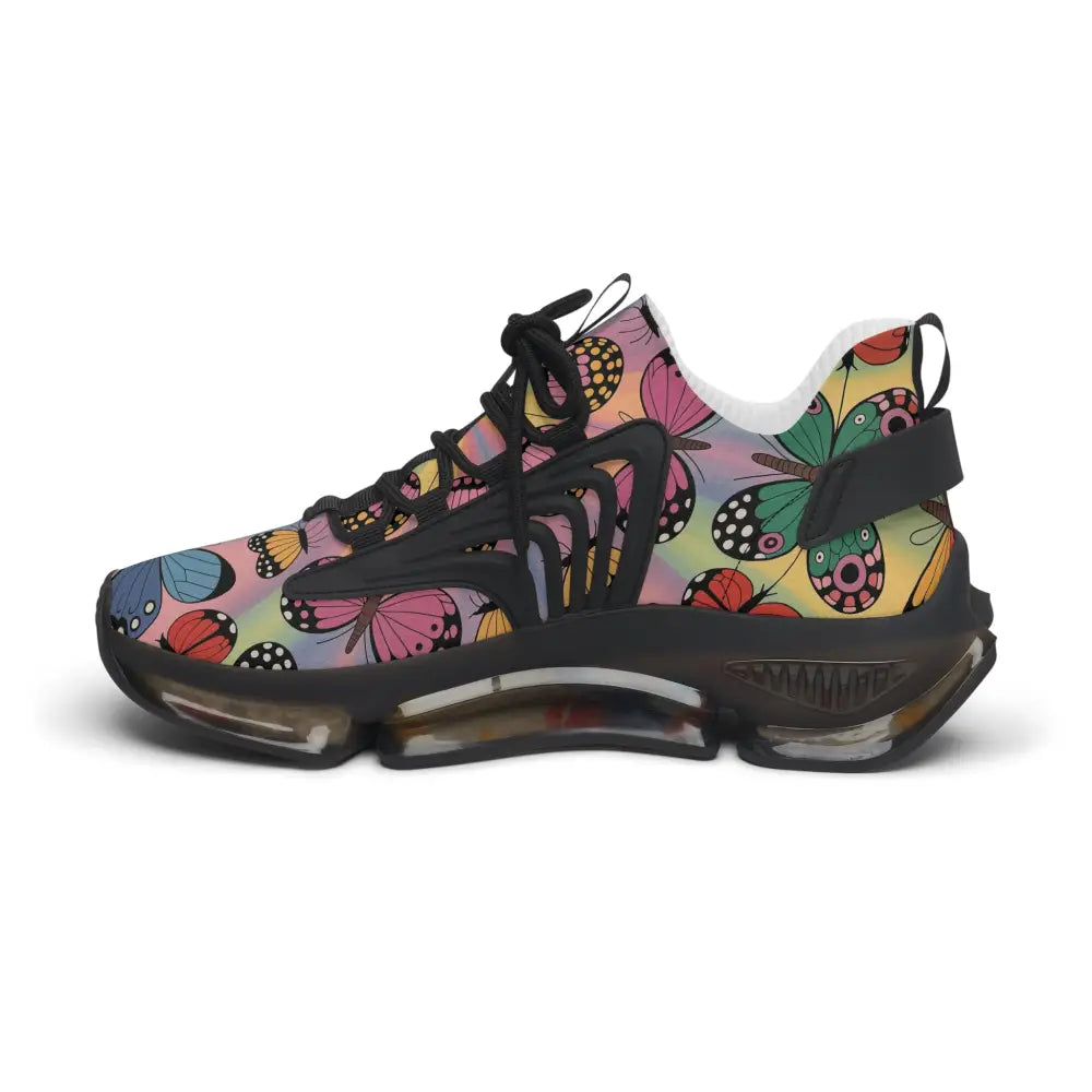 Black Kaleidoscope Flight sneakers with colorful butterfly pattern and clear soles