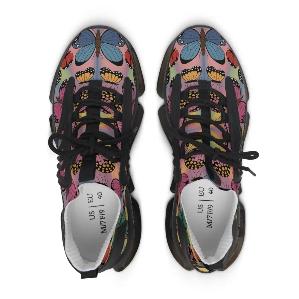 Colorful butterfly-print kaleidoscope flight sneakers with black laces and soles