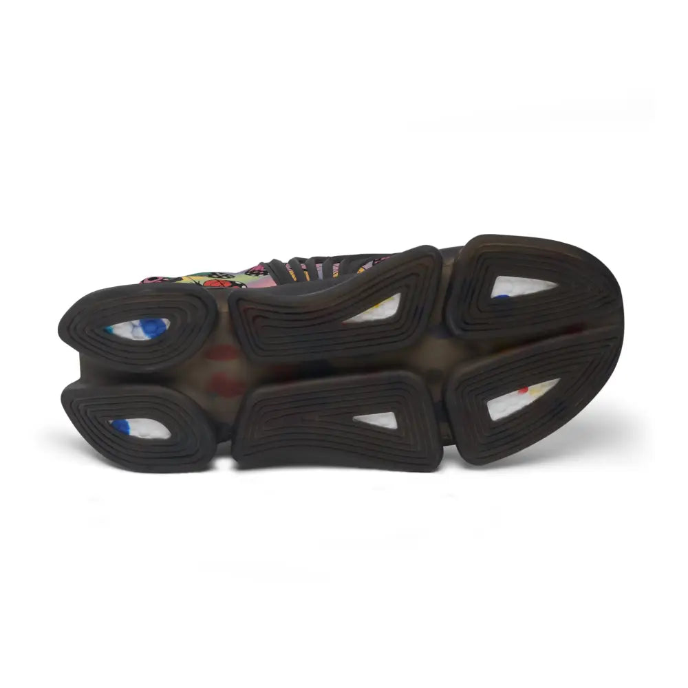 Black and multicolor Kaleidoscope Flight sneakers with segmented sole from PixiOnyx Vibrant Athletic footwear