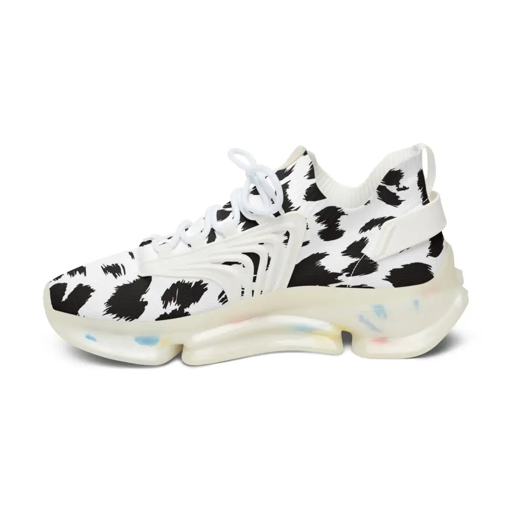 Cow-print athletic shoe with translucent sole from Women’s Sneakers White Leopard Dash PixiOnyx Streetstride Edition