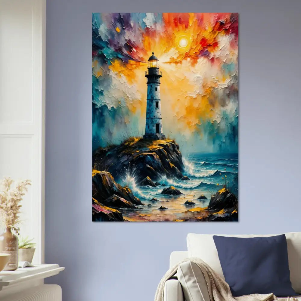 Colorful lighthouse painting on rocky coast printed on sustainably sourced plywood with visible natural grain in a natural grain matte finish