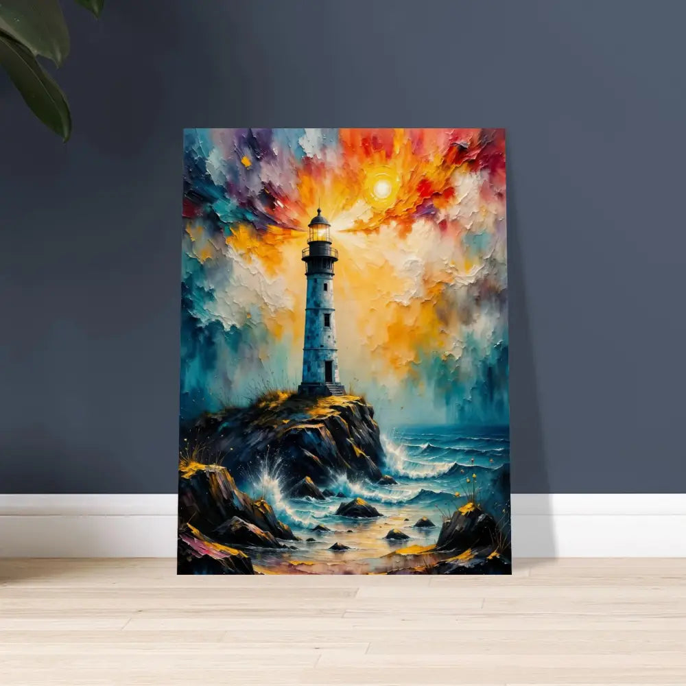 Vibrant impressionistic lighthouse painting on sustainably sourced plywood with visible natural grain
