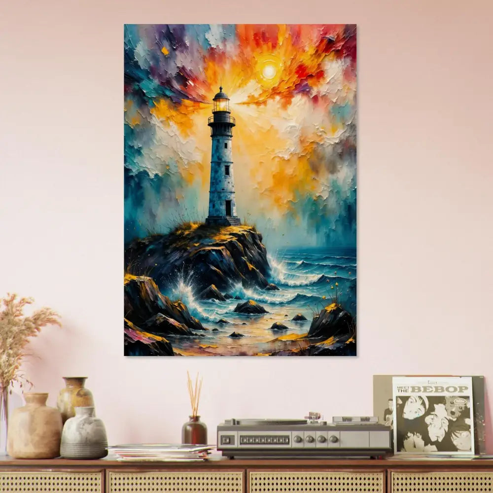 Vibrant expressionistic lighthouse painting on sustainably sourced plywood with visible natural grain