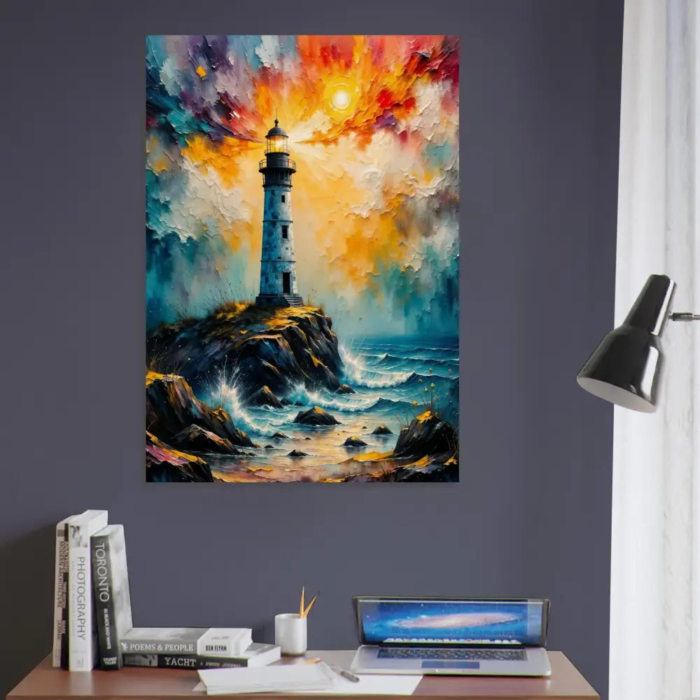 Vibrant lighthouse painting on sustainably sourced plywood with visible natural grain in a natural grain matte finish