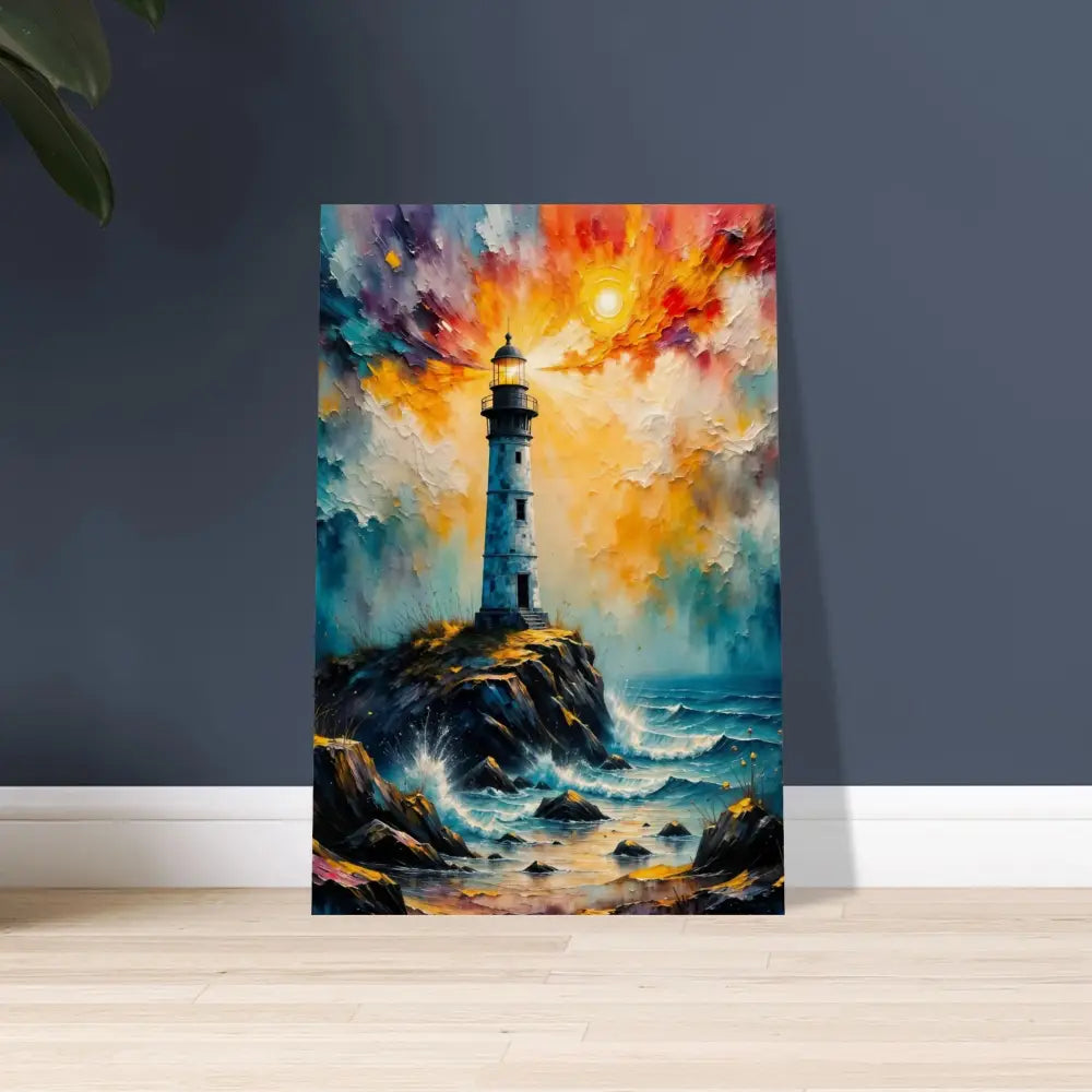 Vibrant impressionistic lighthouse painting on sustainably sourced plywood with visible natural grain