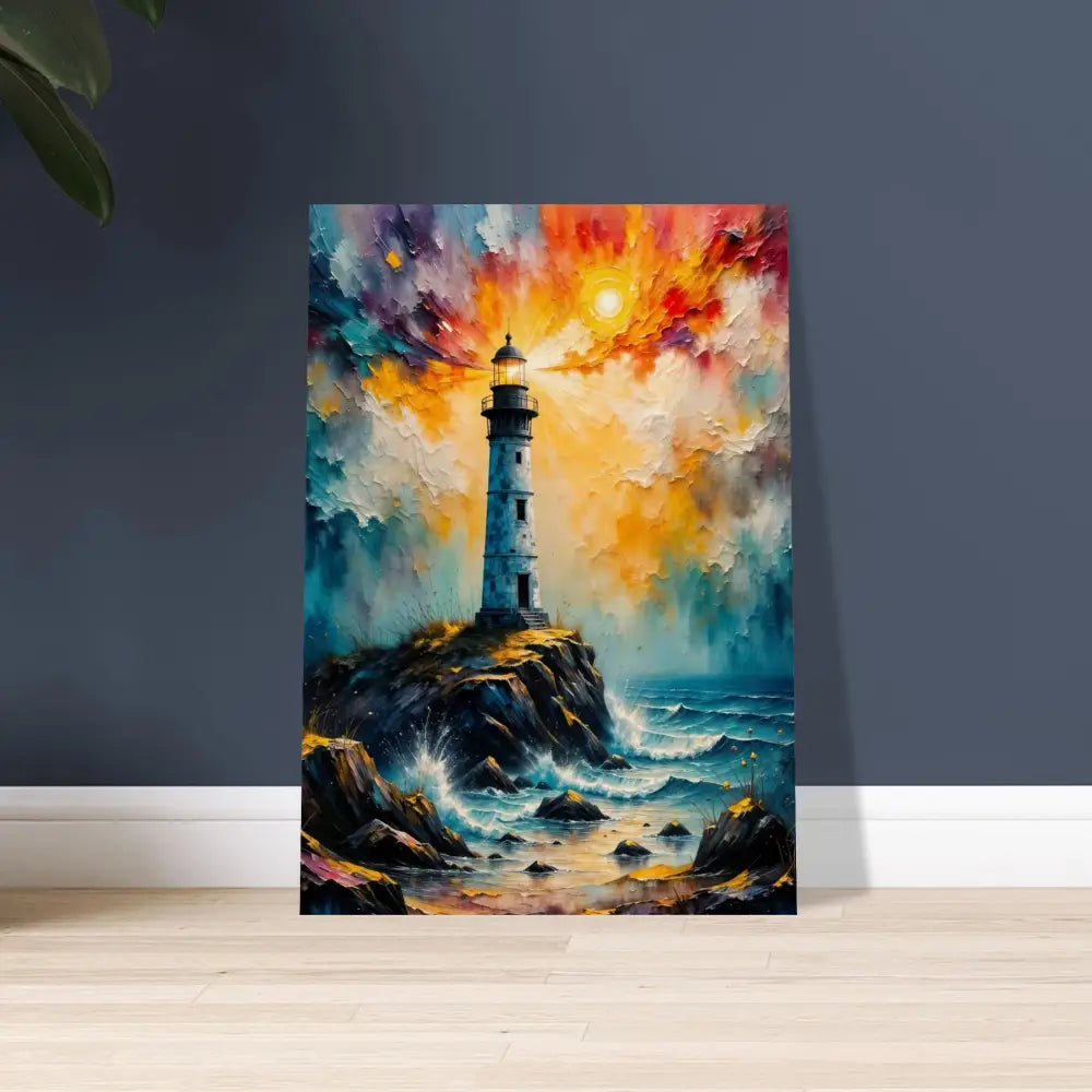 Vibrant expressionistic lighthouse painting on sustainably sourced plywood with visible natural grain
