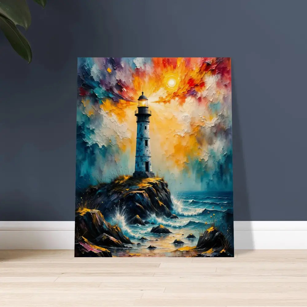 Vibrant impressionistic lighthouse painting on sustainably sourced plywood with visible natural grain