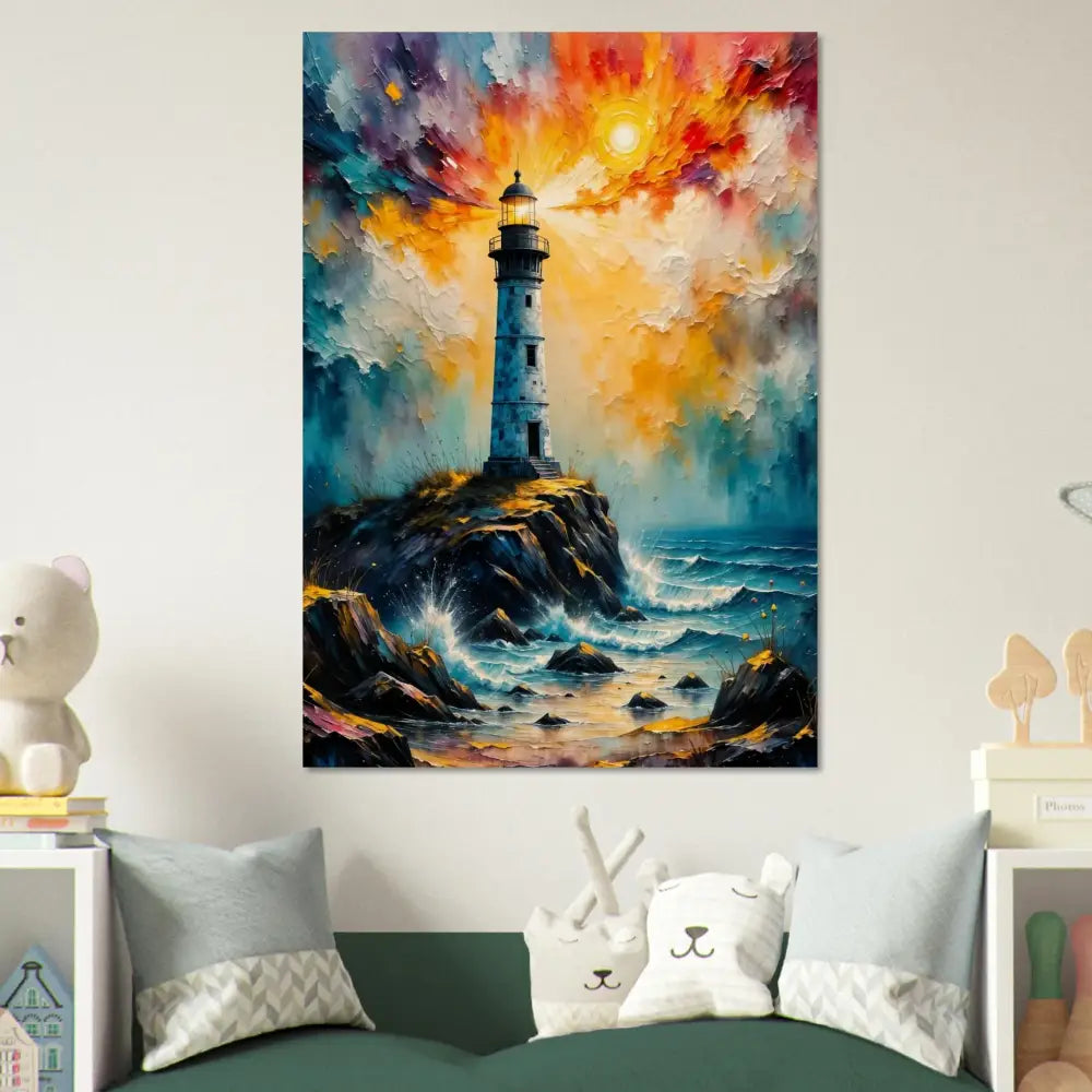 Colorful impressionistic lighthouse painting on sustainably sourced plywood with visible natural grain
