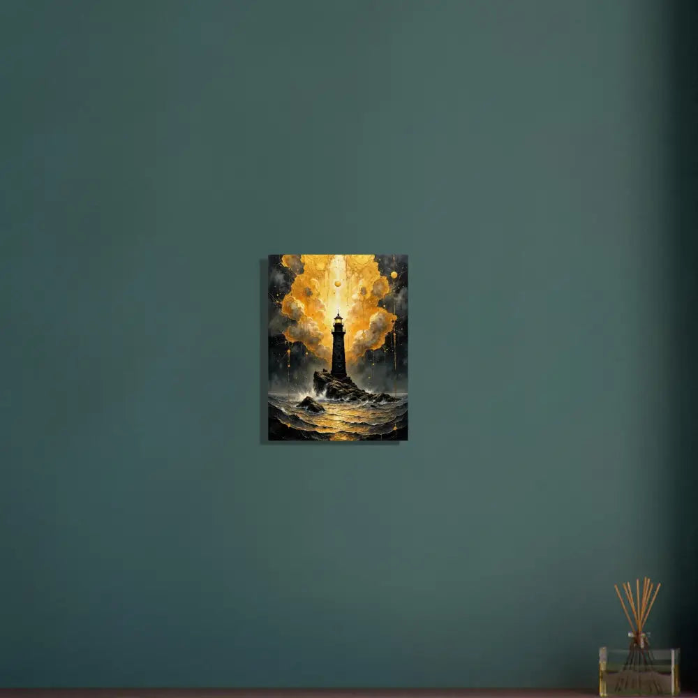Handcrafted wood print of a vibrant abstract lighthouse at sea with a golden sky