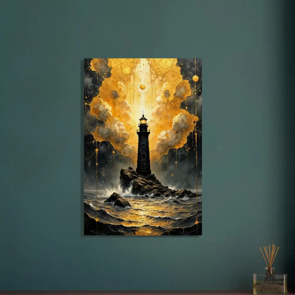 Handcrafted wood print of a lighthouse on rocky waters under dramatic sky, nature meets mysticism