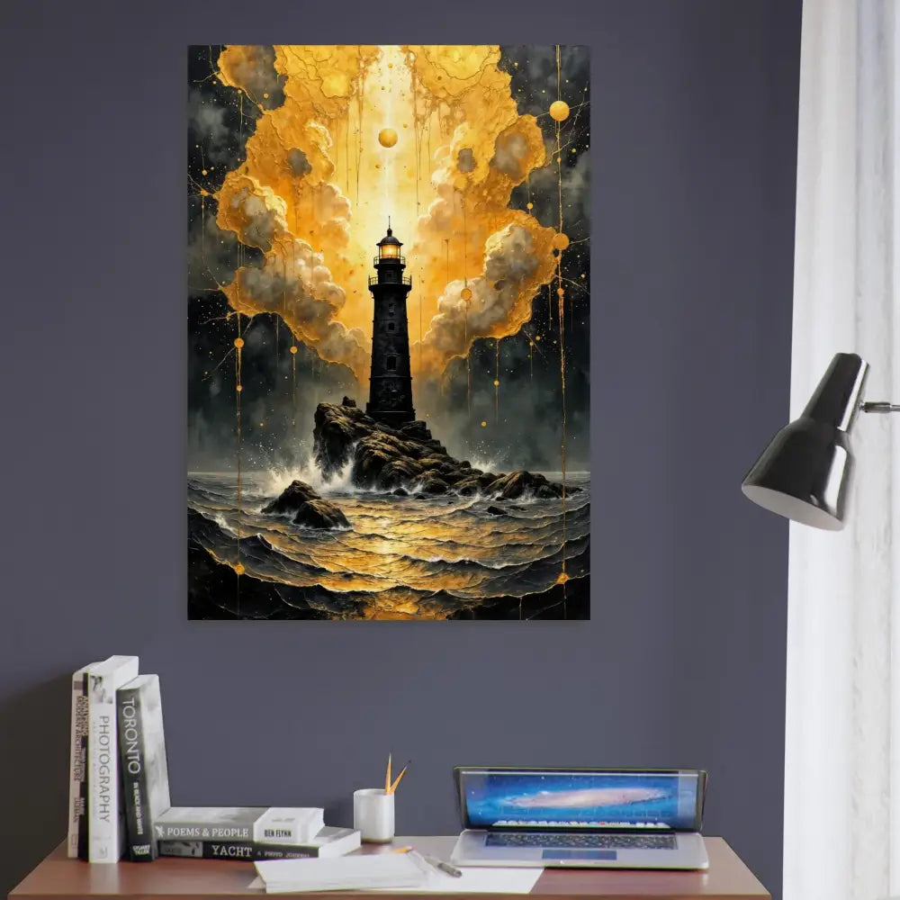 Handcrafted wood print of a lighthouse on rocky outcrop under golden sky, perfect for nature meets mysticism decor