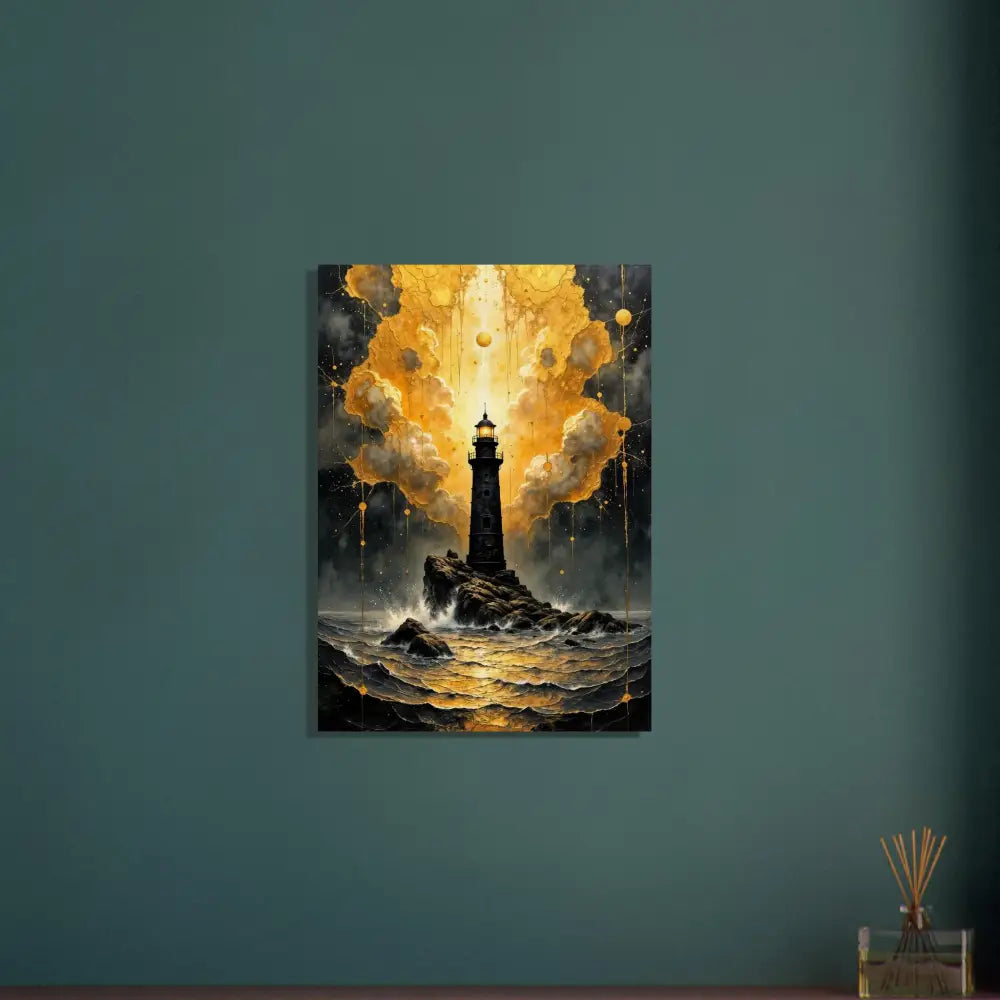 Handcrafted wood print of a vibrant abstract lighthouse painting symbolizing nature meets mysticism