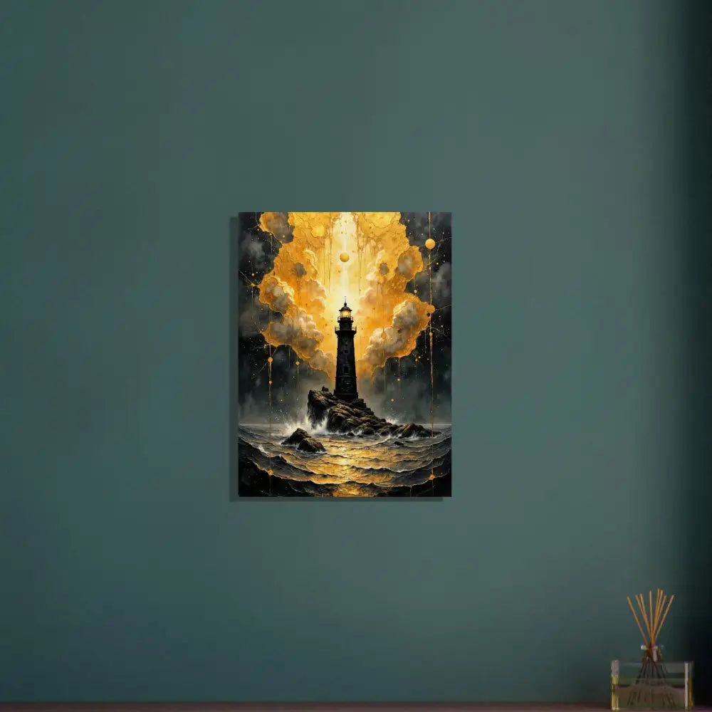 Handcrafted wood print of a lighthouse scene blending nature meets mysticism on rustic panel
