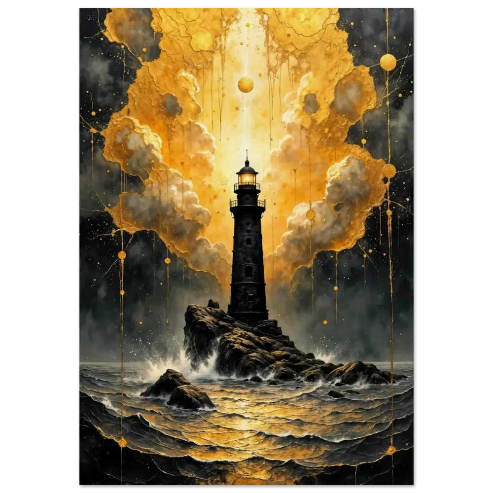 Handcrafted wood print of a sturdy black lighthouse with glowing lantern, nature meets mysticism