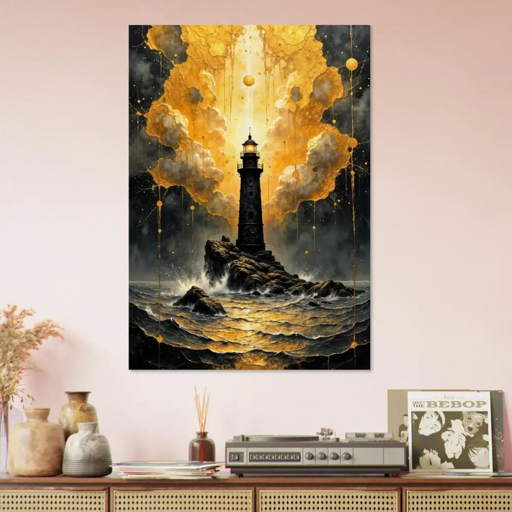 Wood print of lighthouse on rocky island with stormy golden seas and swirling clouds