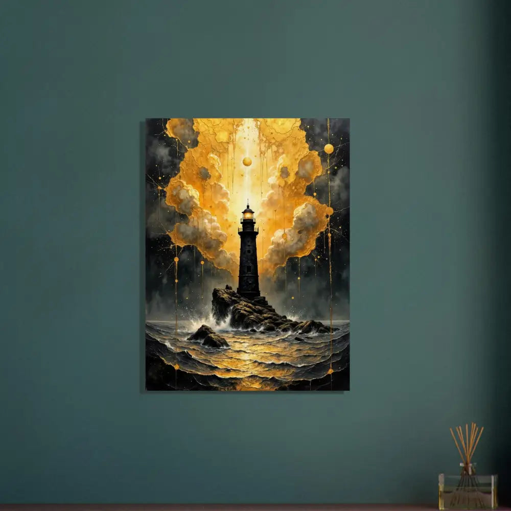 Handcrafted wood print of a vibrant lighthouse scene with golden clouds and stormy seas