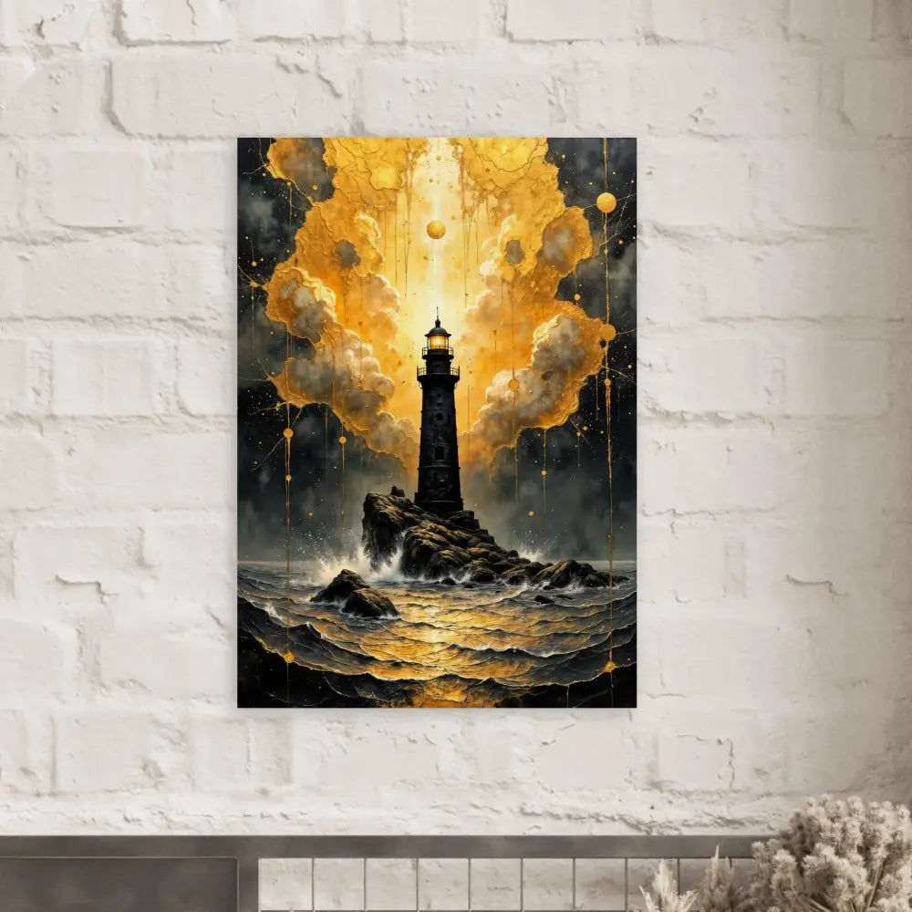 Handcrafted wood print of a lighthouse on rocky outcrop under golden sky, nature meets mysticism