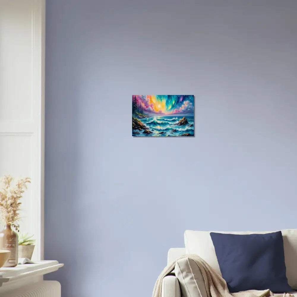 Celestial Tide wood print featuring a vibrant stormy sea under Aurora Borealis by PixiOnyx