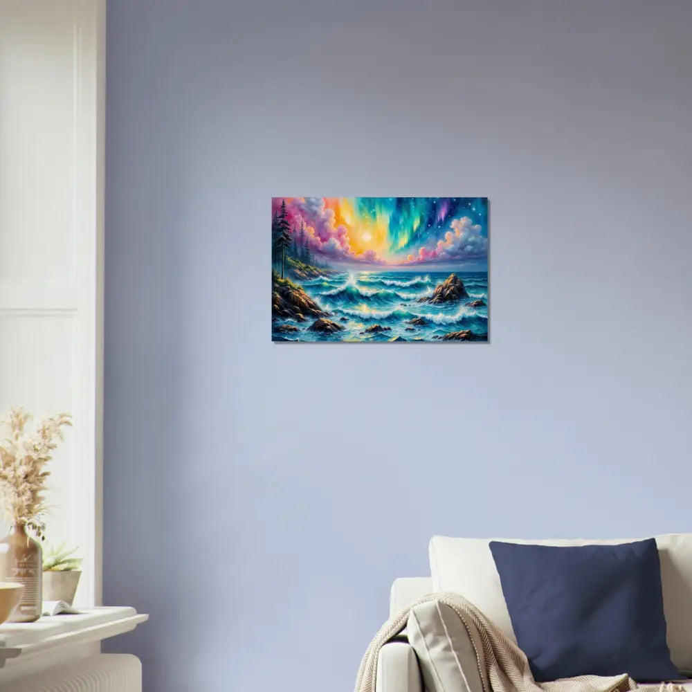 Celestial Tide wood print showcasing nature meets art with aurora borealis over turbulent sea