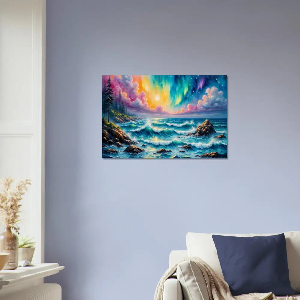 Celestial Tide wood print showcasing a vibrant ocean scene with Aurora Borealis by PixiOnyx