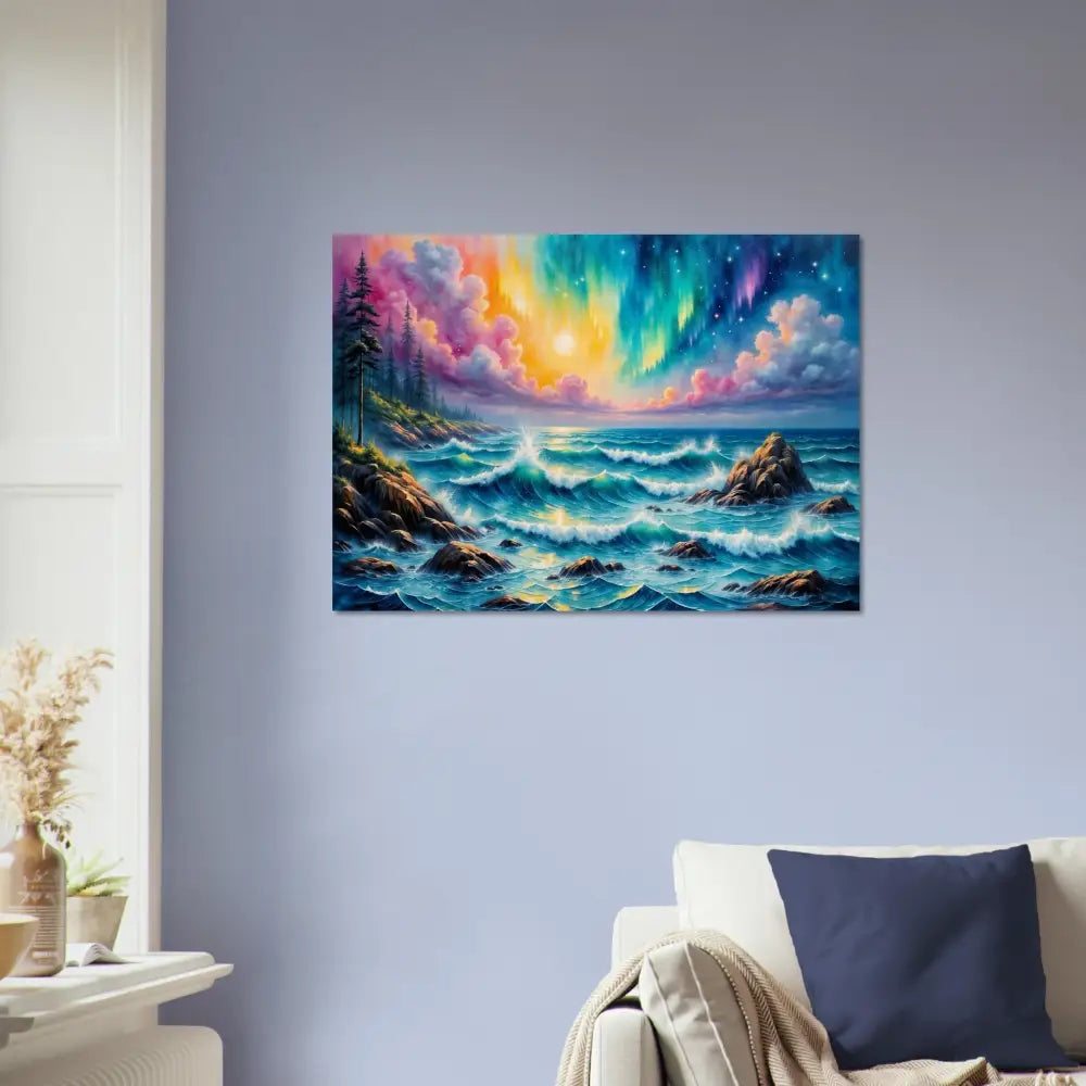 Vibrant celestial tide aurora seascape painting on wood featuring nature meets turbulence
