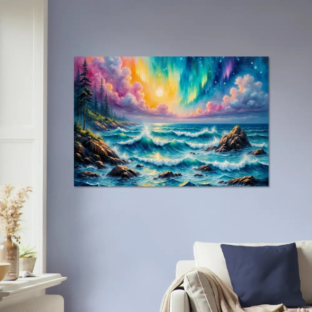 Celestial Tide aurora seascape wood print capturing nature meets vibrant aurora borealis over rocky coast
