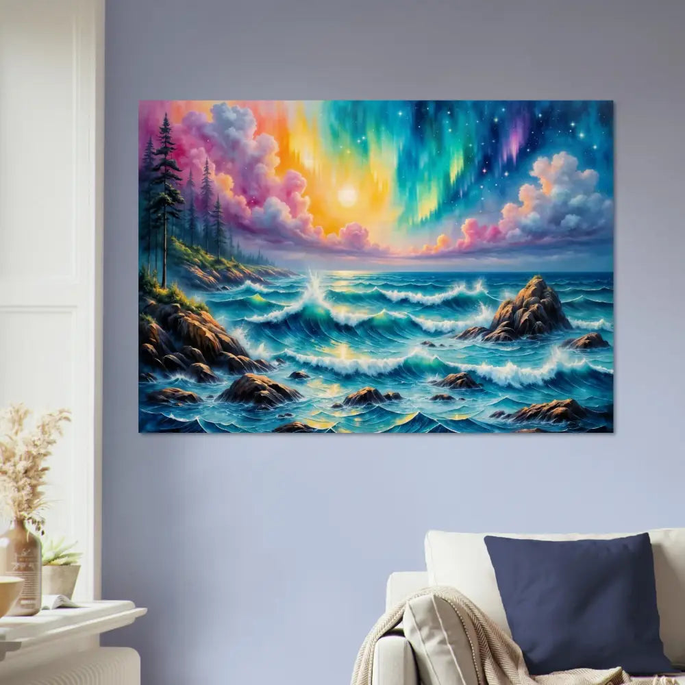 Wood Print Celestial Tide aurora seascape painting of stormy sea under aurora filled sky
