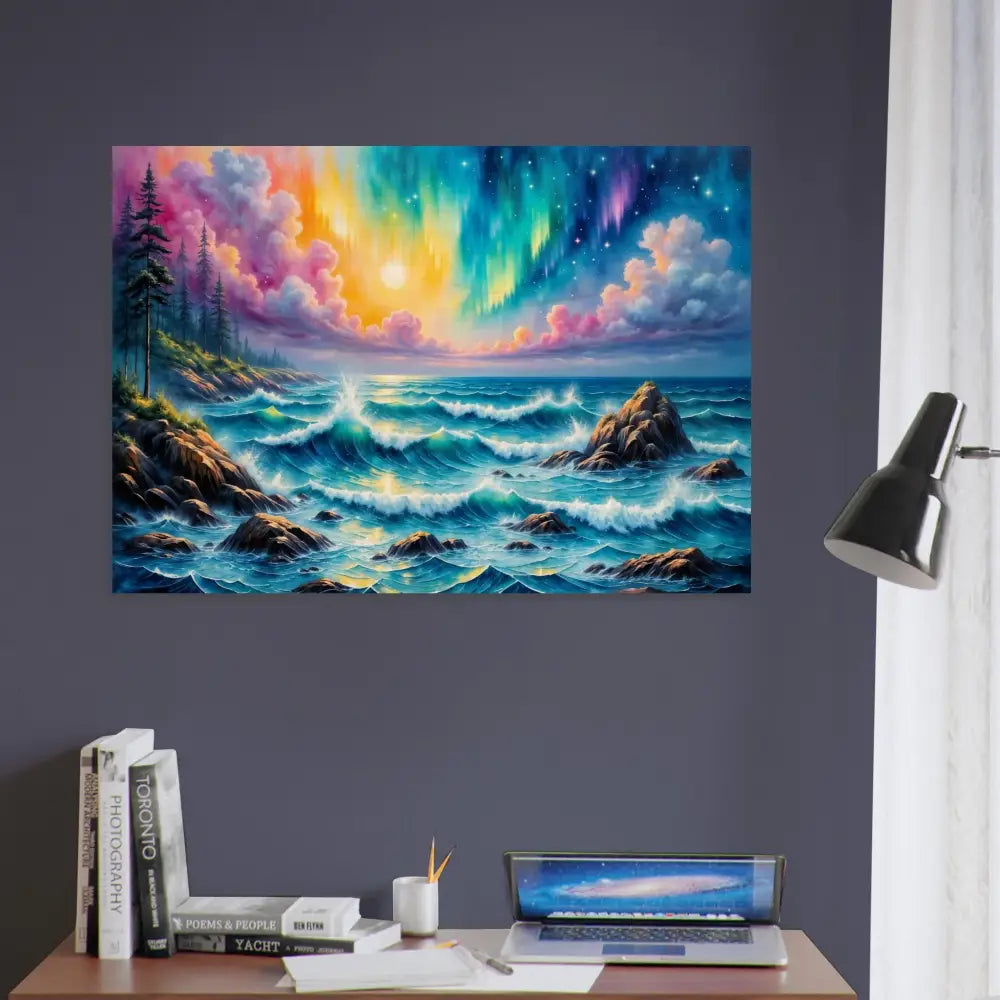 Celestial Tide wood print featuring a vibrant aurora over a stormy sea by PixiOnyx