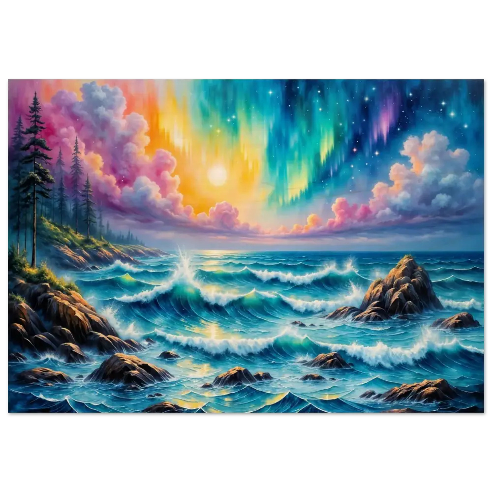 Celestial Tide wood print of a coastal landscape with Aurora Borealis sky by PixiOnyx