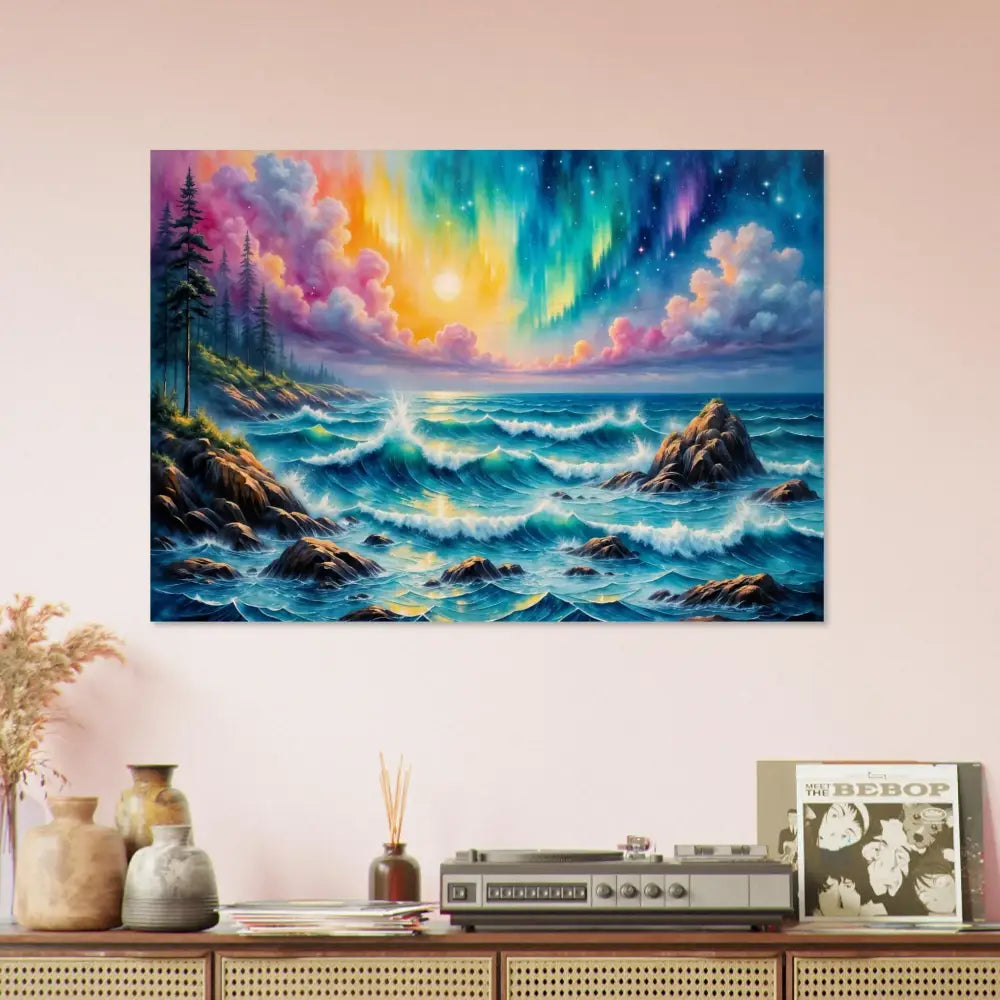 Vibrant aurora seascape wooden print capturing celestial tide and nature meets art