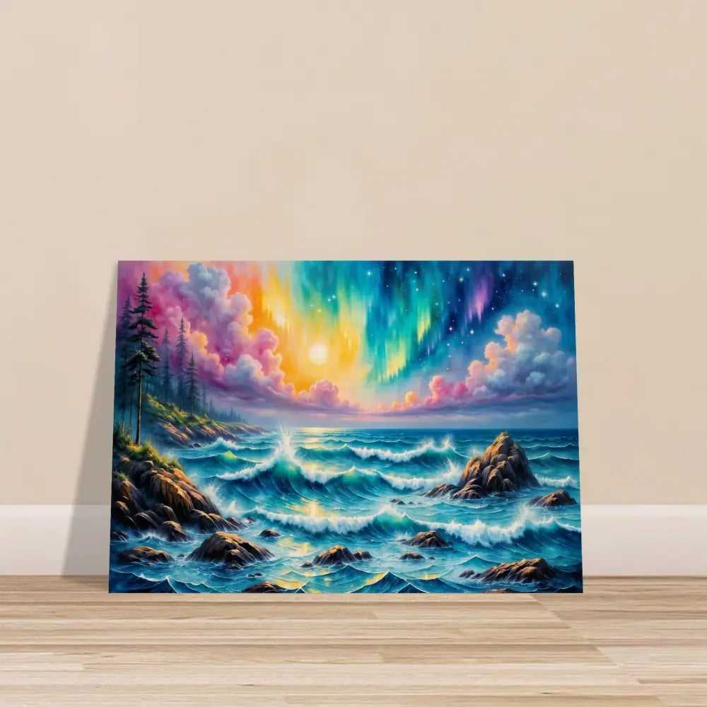 Vibrant celestial tide wood print of a colorful seascape with aurora borealis by PixiOnyx