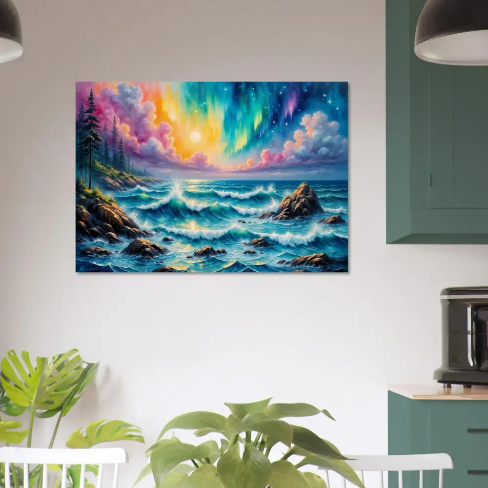 Wood Print Celestial Tide Aurora Seascape depicting vibrant stormy colorful sea under aurora sky