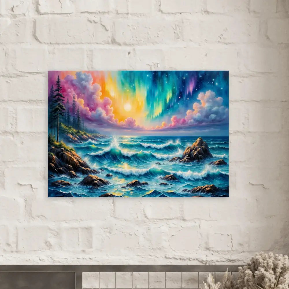 Wood Print Celestial Tide aurora seascape with vibrant colors over stormy coastline
