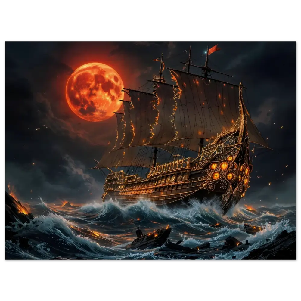 Wood print of Crimson Reign Blood Moon Armada featuring a dark ornate ship under a blood moon