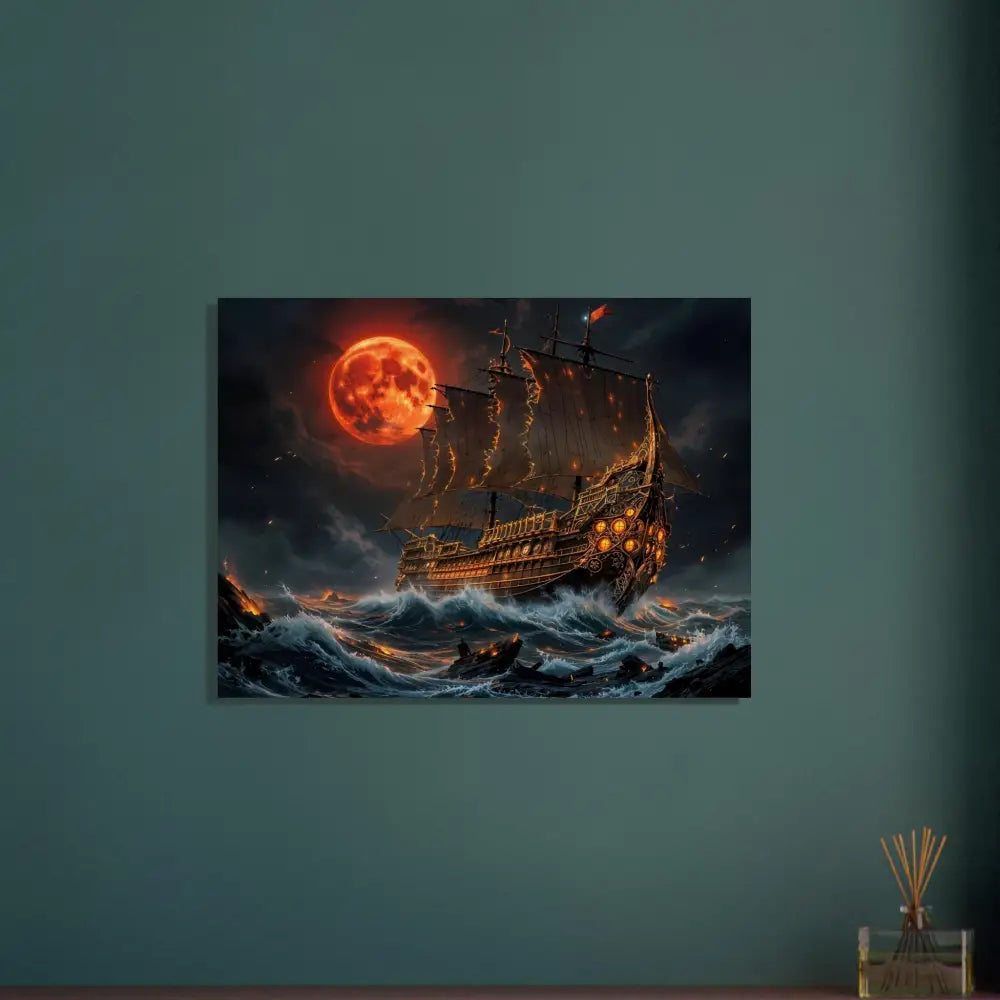 Wood Print of Pirate Ship Under Blood Moon for Crimson Reign Blood Moon Armada Collection
